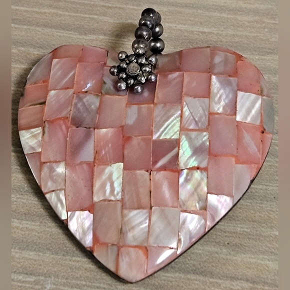 VINTAGE Sterling Silver Sally C Treasures Abalone Shell Reversible Heart Pendant - Picture 5 of 15